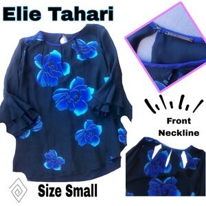 Elie Tahari Black Blouse with Blue Floral Pattern